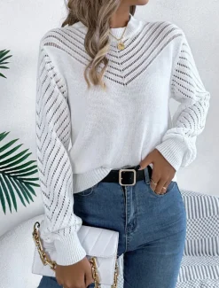Women's Sweater Pullover Sweater Jumper Casual Soft Pure Color Ribbed Crew Neck Hollow Out Knitted Long Sleeve Regular Tops Knit Outdoor Daily Weekend White Orange Fall Winter
