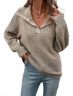 Women's Sweater Pullover Sweater Jumper Casual Soft Solid Color Ribbed Hooded Knitted Long Sleeve Regular Tops Knit Outdoor Daily Weekend Khaki Fall Winter