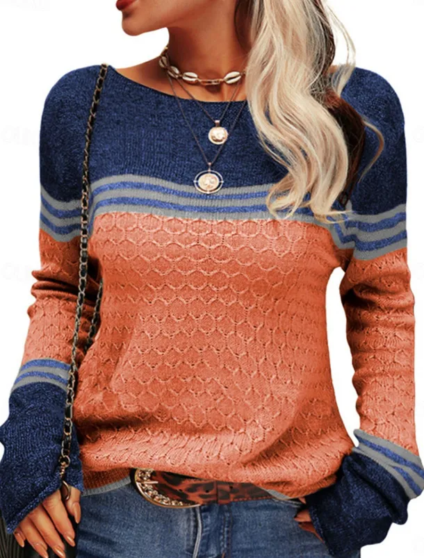Women's Sweater Pullover Sweater Jumper Casual Soft Striped Ribbed Crew Neck Patchwork Knitted Long Sleeve Regular Tops Knit Outdoor Daily Weekend Pink Orange Fall Winter