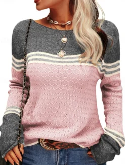 Women's Sweater Pullover Sweater Jumper Casual Soft Striped Ribbed Crew Neck Patchwork Knitted Long Sleeve Regular Tops Knit Outdoor Daily Weekend Pink Orange Fall Winter