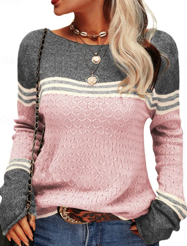 Women's Sweater Pullover Sweater Jumper Casual Soft Striped Ribbed Crew Neck Patchwork Knitted Long Sleeve Regular Tops Knit Outdoor Daily Weekend Pink Orange Fall Winter