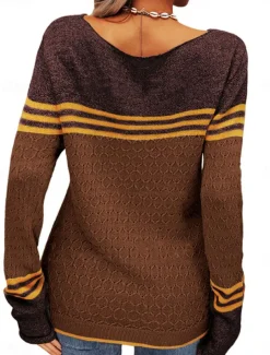Women's Sweater Pullover Sweater Jumper Casual Soft Striped Ribbed Crew Neck Patchwork Knitted Long Sleeve Regular Tops Knit Outdoor Daily Weekend Pink Orange Fall Winter