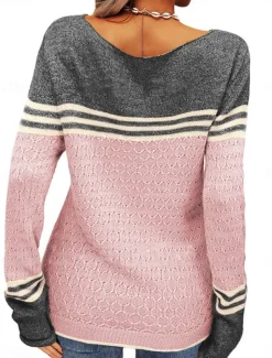 Women's Sweater Pullover Sweater Jumper Casual Soft Striped Ribbed Crew Neck Patchwork Knitted Long Sleeve Regular Tops Knit Outdoor Daily Weekend Pink Orange Fall Winter