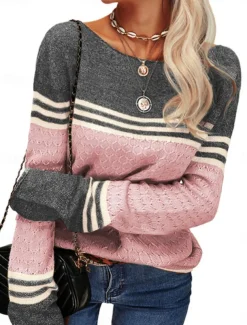 Women's Sweater Pullover Sweater Jumper Casual Soft Striped Ribbed Crew Neck Patchwork Knitted Long Sleeve Regular Tops Knit Outdoor Daily Weekend Pink Orange Fall Winter