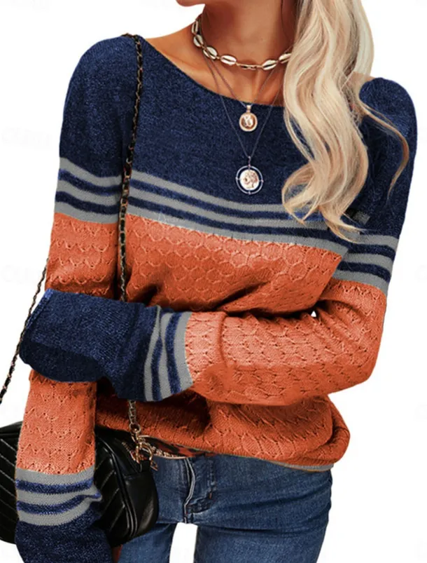 Women's Sweater Pullover Sweater Jumper Casual Soft Striped Ribbed Crew Neck Patchwork Knitted Long Sleeve Regular Tops Knit Outdoor Daily Weekend Pink Orange Fall Winter