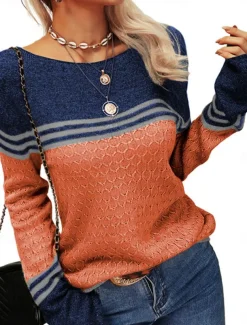 Women's Sweater Pullover Sweater Jumper Casual Soft Striped Ribbed Crew Neck Patchwork Knitted Long Sleeve Regular Tops Knit Outdoor Daily Weekend Pink Orange Fall Winter