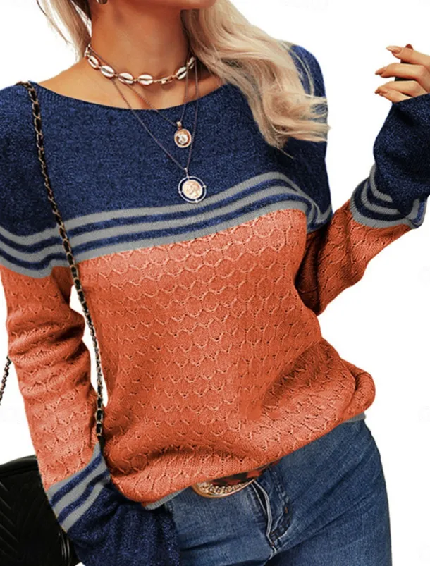 Women's Sweater Pullover Sweater Jumper Casual Soft Striped Ribbed Crew Neck Patchwork Knitted Long Sleeve Regular Tops Knit Outdoor Daily Weekend Pink Orange Fall Winter