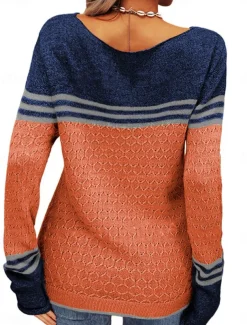 Women's Sweater Pullover Sweater Jumper Casual Soft Striped Ribbed Crew Neck Patchwork Knitted Long Sleeve Regular Tops Knit Outdoor Daily Weekend Pink Orange Fall Winter
