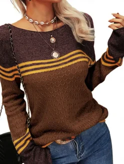 Women's Sweater Pullover Sweater Jumper Casual Soft Striped Ribbed Crew Neck Patchwork Knitted Long Sleeve Regular Tops Knit Outdoor Daily Weekend Pink Orange Fall Winter