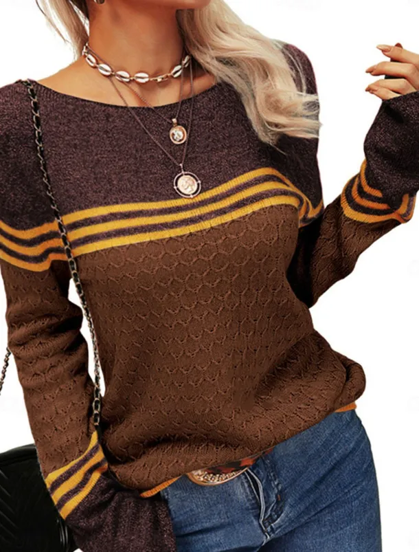 Women's Sweater Pullover Sweater Jumper Casual Soft Striped Ribbed Crew Neck Patchwork Knitted Long Sleeve Regular Tops Knit Outdoor Daily Weekend Pink Orange Fall Winter