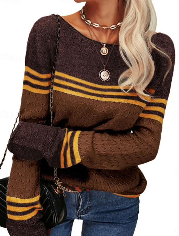 Women's Sweater Pullover Sweater Jumper Casual Soft Striped Ribbed Crew Neck Patchwork Knitted Long Sleeve Regular Tops Knit Outdoor Daily Weekend Pink Orange Fall Winter