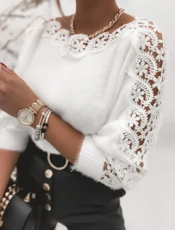 Women's Sweater Sexy Casual Soft Pure Color Ribbed Crew Neck Lace Knitted Long Sleeve Regular Tops Knit Outdoor Daily Weekend White Fall Winter