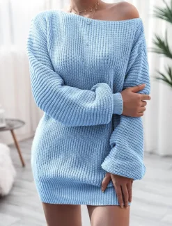 Women's Sweater Sweater Dress Casual Soft Pure Color Ribbed Off Shoulder Knitted Long Sleeve Long Tops Knit Outdoor Daily Weekend White Pink Fall Winter