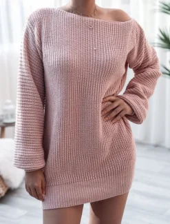 Women's Sweater Sweater Dress Casual Soft Pure Color Ribbed Off Shoulder Knitted Long Sleeve Long Tops Knit Outdoor Daily Weekend White Pink Fall Winter