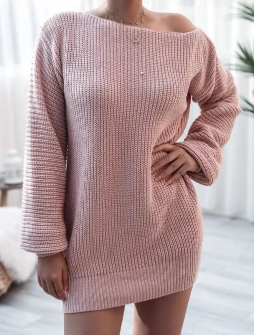 Women's Sweater Sweater Dress Casual Soft Pure Color Ribbed Off Shoulder Knitted Long Sleeve Long Tops Knit Outdoor Daily Weekend White Pink Fall Winter