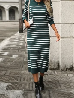 Women's Sweater Sweater Dress Casual Soft Striped Ribbed Crew Neck Knitted Long Sleeve Long Tops Knit Outdoor Daily Weekend Black White Fall Winter