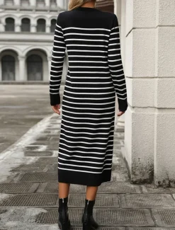 Women's Sweater Sweater Dress Casual Soft Striped Ribbed Crew Neck Knitted Long Sleeve Long Tops Knit Outdoor Daily Weekend Black White Fall Winter