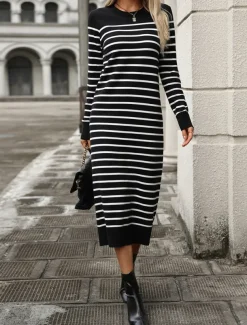 Women's Sweater Sweater Dress Casual Soft Striped Ribbed Crew Neck Knitted Long Sleeve Long Tops Knit Outdoor Daily Weekend Black White Fall Winter