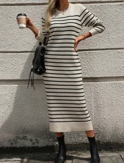 Women's Sweater Sweater Dress Casual Soft Striped Ribbed Crew Neck Knitted Long Sleeve Long Tops Knit Outdoor Daily Weekend Black White Fall Winter