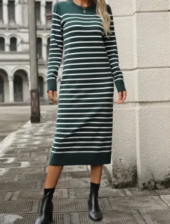 Women's Sweater Sweater Dress Casual Soft Striped Ribbed Crew Neck Knitted Long Sleeve Long Tops Knit Outdoor Daily Weekend Black White Fall Winter