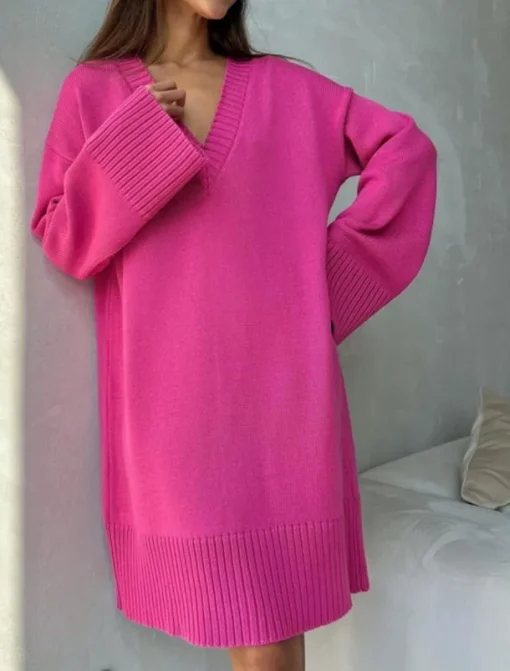 Women's Sweater Sweater Dress Casual Soft Pure Color Ribbed V Neck Knitted Long Sleeve Long Tops Knit Outdoor Daily Weekend Black Fuchsia Fall Winter