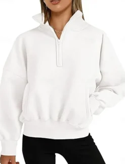 Women's Sweatshirt Casual Plain Street Dailywear Turtleneck Pocket Half Zip Long Sleeve White Pink Orange Fall Winter