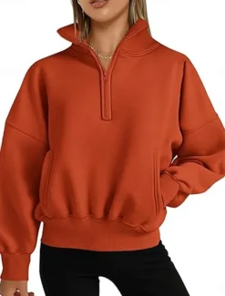 Women's Sweatshirt Casual Plain Street Dailywear Turtleneck Pocket Half Zip Long Sleeve White Pink Orange Fall Winter
