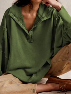 Women's Sweatshirt Casual Plain Street Dailywear V Neck Buttons Long Sleeve White Fuchsia Green Fall Winter