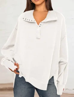 Women's Sweatshirt Casual Plain Street Dailywear V Neck Buttons Long Sleeve White Fuchsia Green Fall Winter