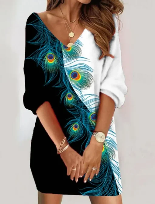 Women's Sweatshirt Dress Casual Dress Shift Dress Ombre Geometric Print V Neck Mini Dress Daily 3/4 Length Sleeve Spring Fall