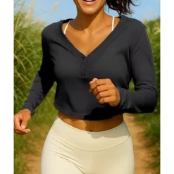 Women's Sweatshirt Running Top Running Shirt henley shirts Buttons Pullover Long Sleeve Top V Neck Breathable Lightweight Tennis Golf Running Sportswear Activewear Solid Colored Black White Brown