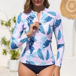 Women's Swim Shorts Rash guard Swimsuit Lightweight Long Sleeve Swimwear Swimsuit 2 Piece Front Zip Swimming Surfing Beach Water Sports Floral Printed Summer Spring Autumn