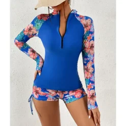 Women's Swim Shorts Rash guard Swimsuit Lightweight Long Sleeve Swimwear Swimsuit 2 Piece Front Zip Swimming Surfing Beach Water Sports Floral Printed Summer Spring Autumn