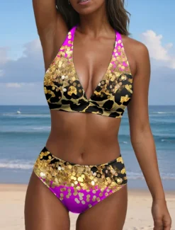 Women's Swimsuits Bikini 2 Piece Cheeky Swimsuit Halter Vintage Sexy Ombre Graphic V Wire Sleeveless Bathing Suits