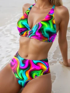 Women's Swimsuits Bikini 2 Piece Cheeky Swimsuit Backless Vacation Beach Wear Ombre Halter Neck Sleeveless Bathing Suits