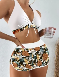 Women's Swimsuits Bikini 2 Piece Shorts Swimsuit Backless Slim Vacation Beach Wear Floral Halter Neck Sleeveless Bathing Suits