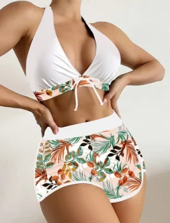 Women's Swimsuits Bikini 2 Piece Shorts Swimsuit Backless Slim Vacation Beach Wear Floral Halter Neck Sleeveless Bathing Suits