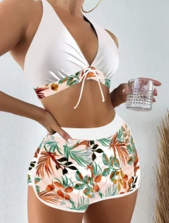 Women's Swimsuits Bikini 2 Piece Shorts Swimsuit Backless Slim Vacation Beach Wear Floral Halter Neck Sleeveless Bathing Suits