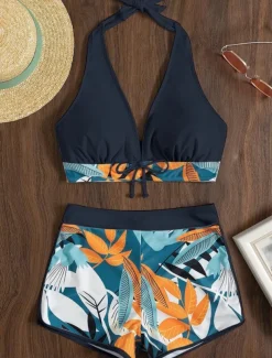 Women's Swimsuits Bikini 2 Piece Shorts Swimsuit Backless Slim Vacation Beach Wear Floral Halter Neck Sleeveless Bathing Suits