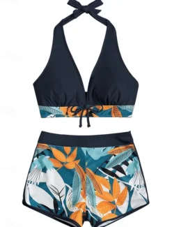 Women's Swimsuits Bikini 2 Piece Shorts Swimsuit Backless Slim Vacation Beach Wear Floral Halter Neck Sleeveless Bathing Suits