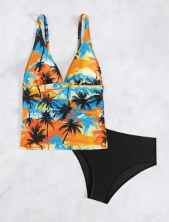 Women's Swimsuits Bikini 2 Piece Cheeky Swimsuit Backless Slim Vacation Beach Wear Floral Halter Neck Sleeveless Bathing Suits