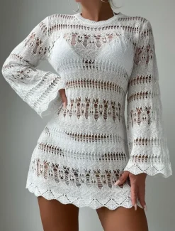 Women's Swimsuits Cover Up Swim Dress Swimsuit Cut Out Vacation Beach Wear Solid Color Round Neck Long Sleeve Bathing Suits