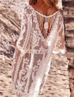 Women's Swimsuits Cover Up Swim Dress Swimsuit Lace Patchwork Vacation Beach Wear Solid Color V Neck Long Sleeve Bathing Suits