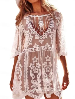 Women's Swimsuits Cover Up Swim Dress Swimsuit Lace Patchwork Vacation Beach Wear Solid Color V Neck Long Sleeve Bathing Suits