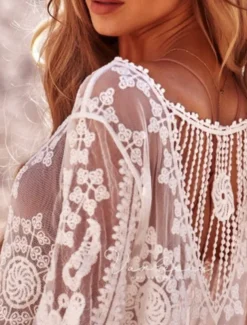 Women's Swimsuits Cover Up Swim Dress Swimsuit Lace Patchwork Vacation Beach Wear Solid Color V Neck Long Sleeve Bathing Suits