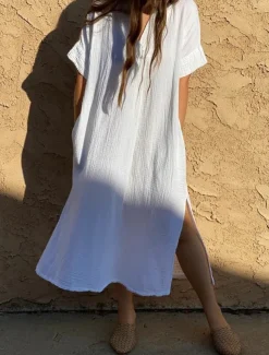 Women's Swimsuits Cover Up Swim Dress Swimsuit Pocket Vacation Beach Wear Solid Color V Neck Short Sleeves Bathing Suits