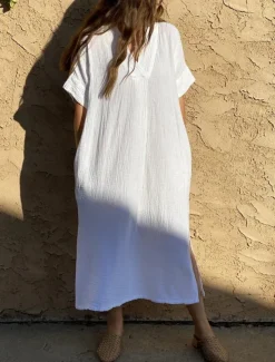 Women's Swimsuits Cover Up Swim Dress Swimsuit Pocket Vacation Beach Wear Solid Color V Neck Short Sleeves Bathing Suits