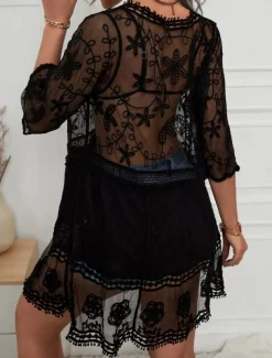 Women's Swimsuits Cover Up Swim Dress Swimsuit Lace Patchwork Vacation Beach Wear Solid Color V Neck Long Sleeve Bathing Suits