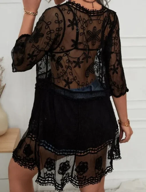Women's Swimsuits Cover Up Swim Dress Swimsuit Lace Patchwork Vacation Beach Wear Solid Color V Neck Long Sleeve Bathing Suits
