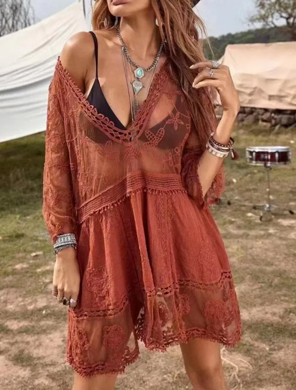 Women's Swimsuits Cover Up Swim Dress Swimsuit Lace Patchwork Vacation Beach Wear Solid Color V Neck Long Sleeve Bathing Suits